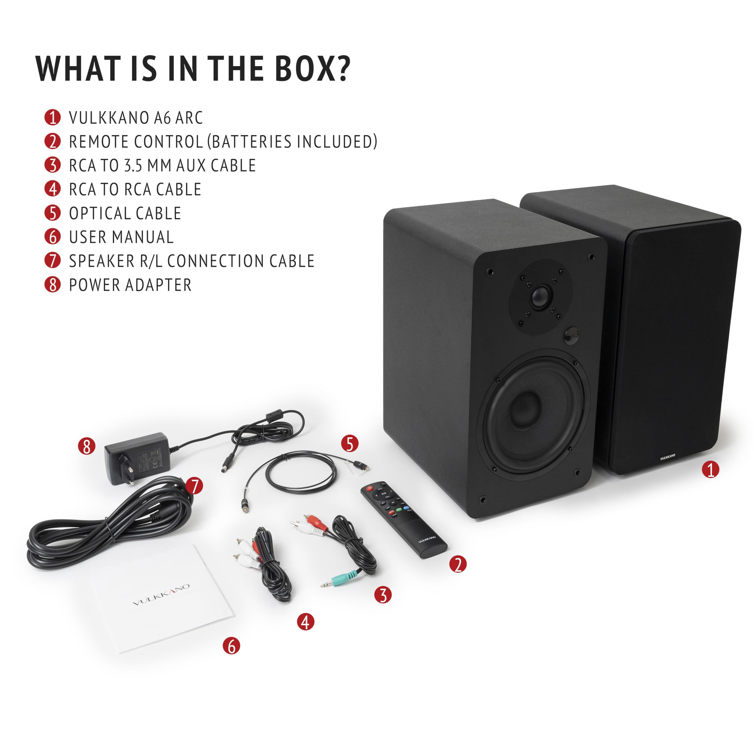 VULKKANO A6 ARC Cassa Amplificata con Woofer da 6,5", Bluetooth 5.0, HDMI ARC, Optica, RCA, USB, con Uscita Subwoofer, Casse Monitor HiFi per Home Cinema, Colore Nero