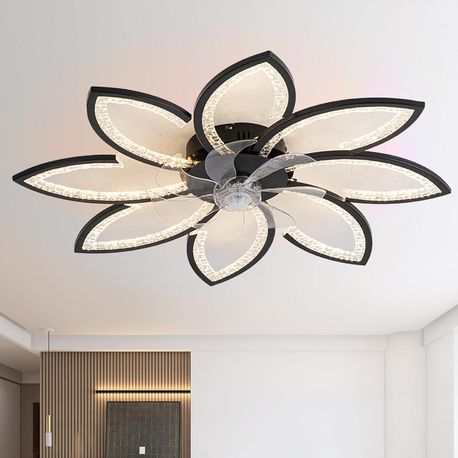 35 Inch LED Ceiling Fan Light, Dimmable with Remote Control, Modern Flush Mount Fan Light for Bedroom, Kitchen & Indoor Spaces Boack