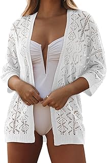 Summer Cardigan Sweaters for Women Lightweight 3/4 Sleeve Open Front Cropped Crochet Beach Cover Ups