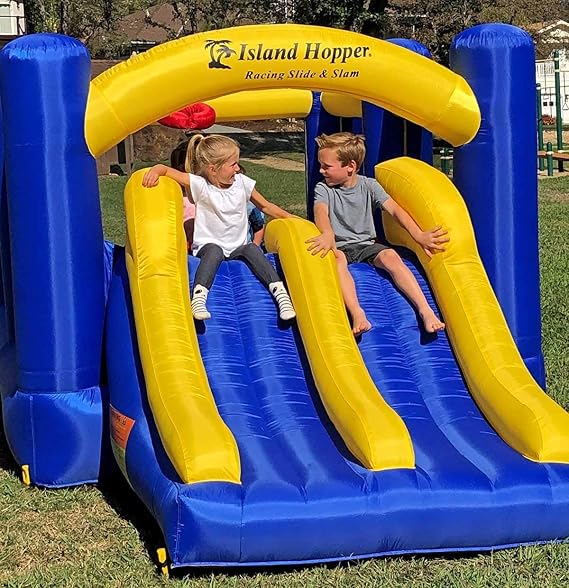 Island Hopper Racing Slide and Slam Inflatable Bounce House Dual Slides, Climbing Wall & Basketball Hoop for Fun Jumper with Durable PVC Build Outdoor/Indoor Bounce House