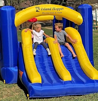 Island Hopper Racing Slide and Slam Inflatable Bounce House Dual Slides, Climbing Wall & Basketball Hoop for Fun Jumper with Durable PVC Build Outdoor/Indoor Bounce House