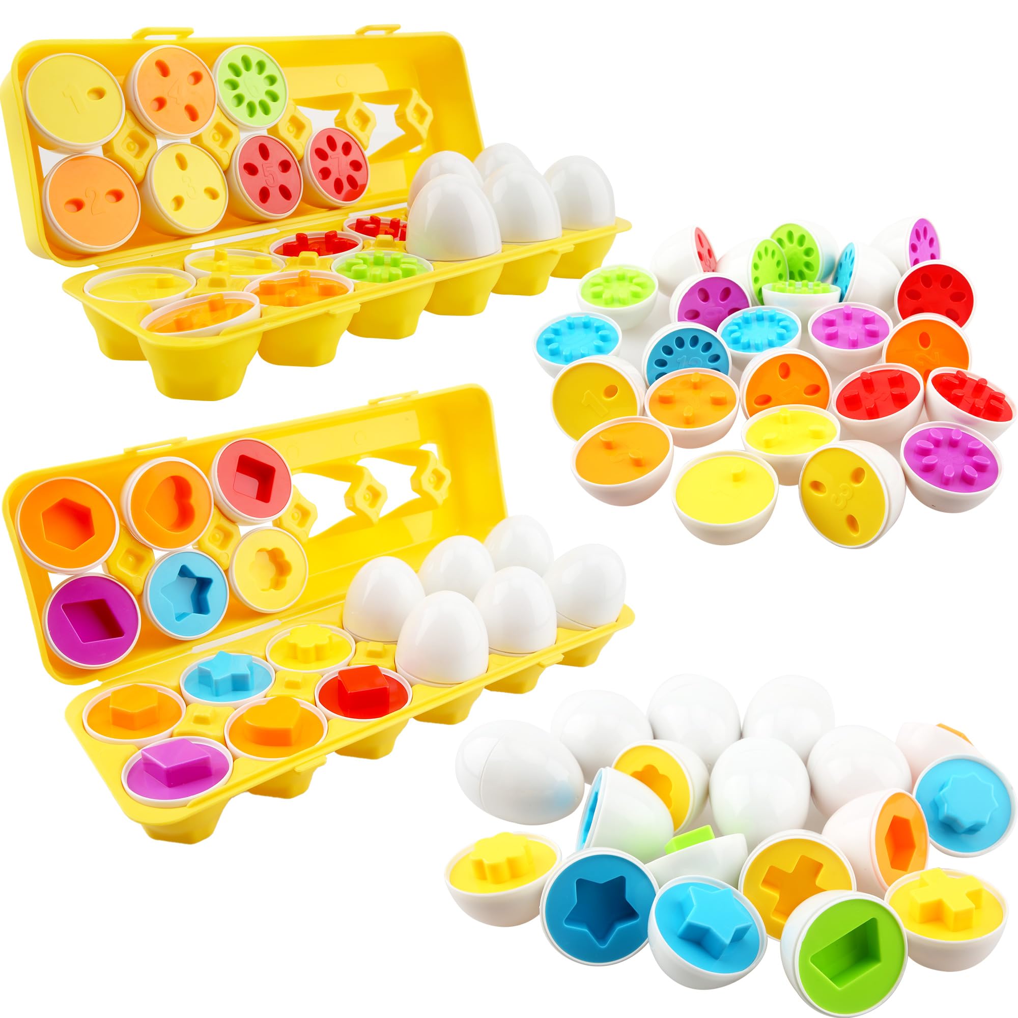 24 Pack Kids Matching Eggs Sensory Early Learning Toys Easter Eggs Number Pattern Sorter Egg Game for Toddler Boys Girls Education Color Shape Number Recognition Sorter Easter Eggs Puzzle Gift