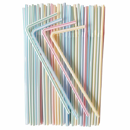 YAOSHENG [200 Pack] Flexible Disposable Colorful stripe Plastic Straws for Drinking 8.2" for birthday party, pool party, summer BBQ, home, office, shop, restaurant, takeout