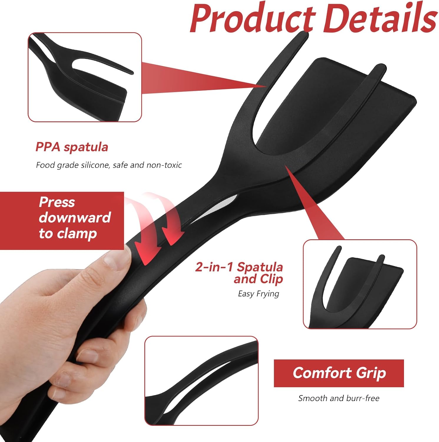 Spatola per Uova Fritte 2 in 1 Con Impugnatura Flip Spatola utensile da cucina Fritte Pinze per spatola in Nylon per pancake,Uova,Pizza,Bistecca - Immagine 3