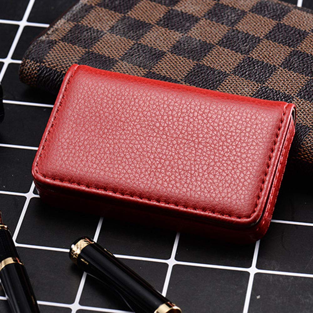 Business Card Holder, 1pcs Business Card Case PU Leather Name Card Holder Wallet Case Gift for Friend Men/Women-Red - Image 2
