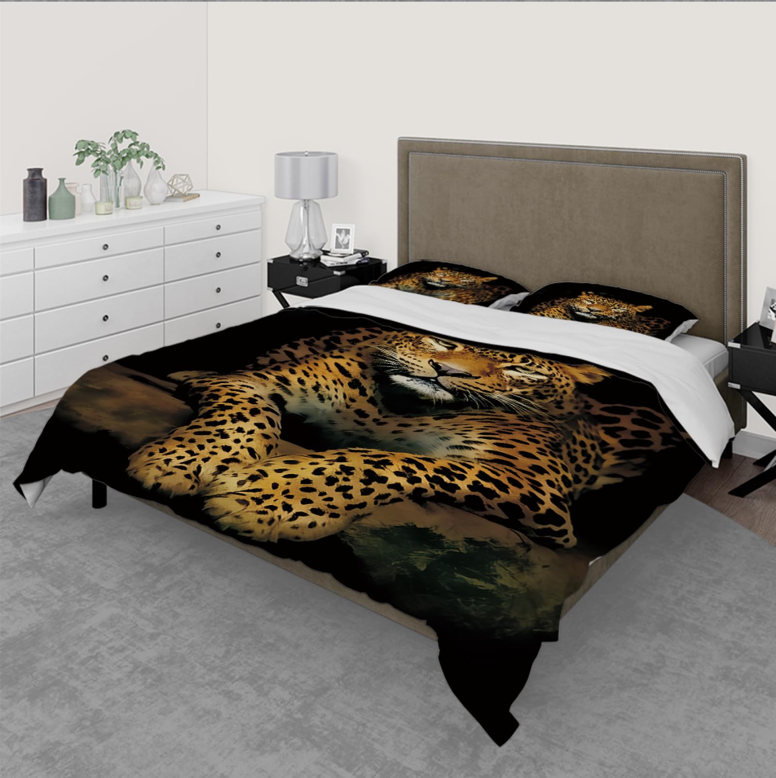 Vintage Wildlife Duvet Cover Set Cute Leopard Animal Pattern 3 pezzi Bedding Set Luxury Soft and Breathable Black Duvet Cover 135x200cm