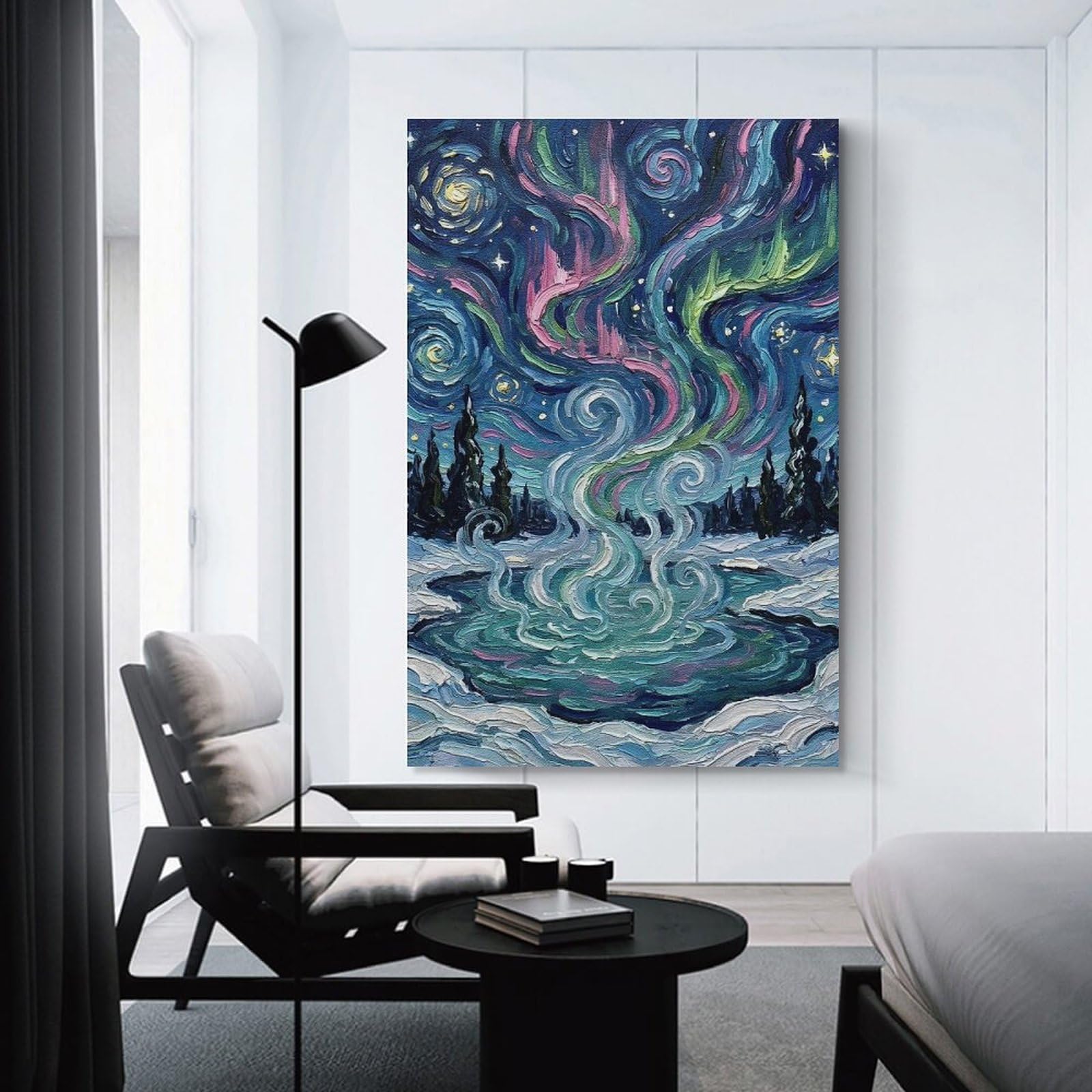 Junmoney Aurora Borealis over Snowy Landscape Wall Art Print, 20x30inch(50x75cm), for Study, Office Or Focused Interiors, Home Office Artwork with Decorative Appeal