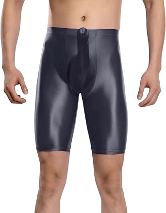 FEOYA Mens Shiny Glossy Oily Compression Shorts Tights Bulge Pouch Skinny See Through Sheer Trunks Bottoms for Bodybuilding