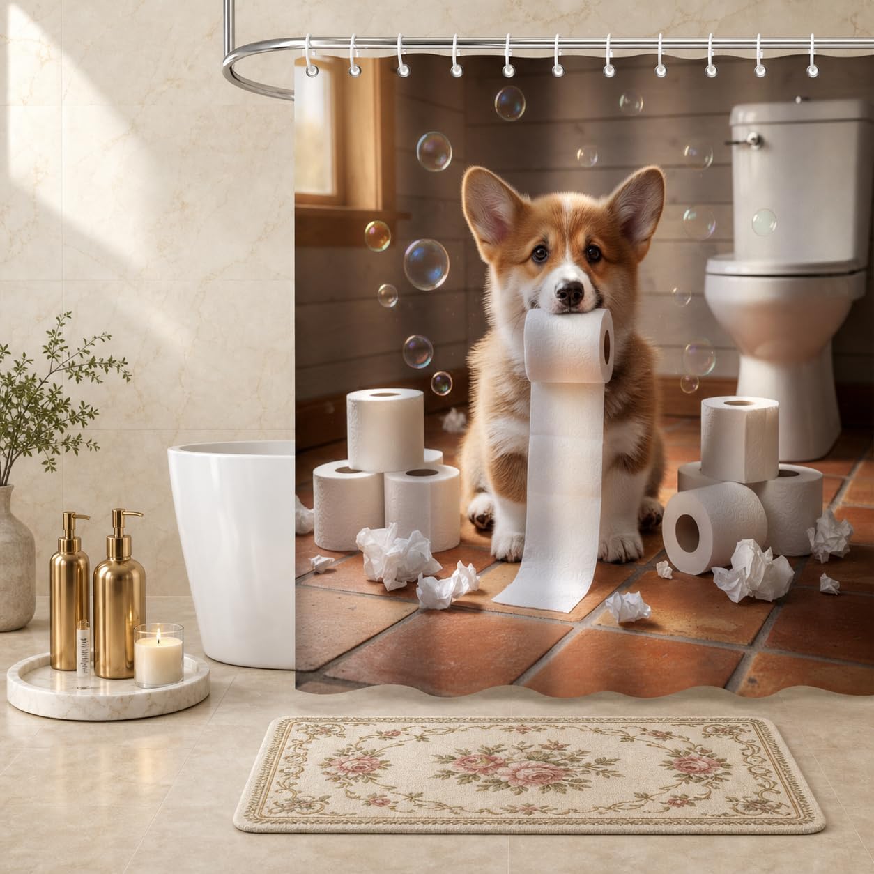 Humorous Corgi Dog Shower Curtain, Funny Puppy with Toilet Paper Pet‑Themed Bath Curtain, Waterproof Polyester Bathroom Decor with 12 Hooks, 71" x 71" image 2