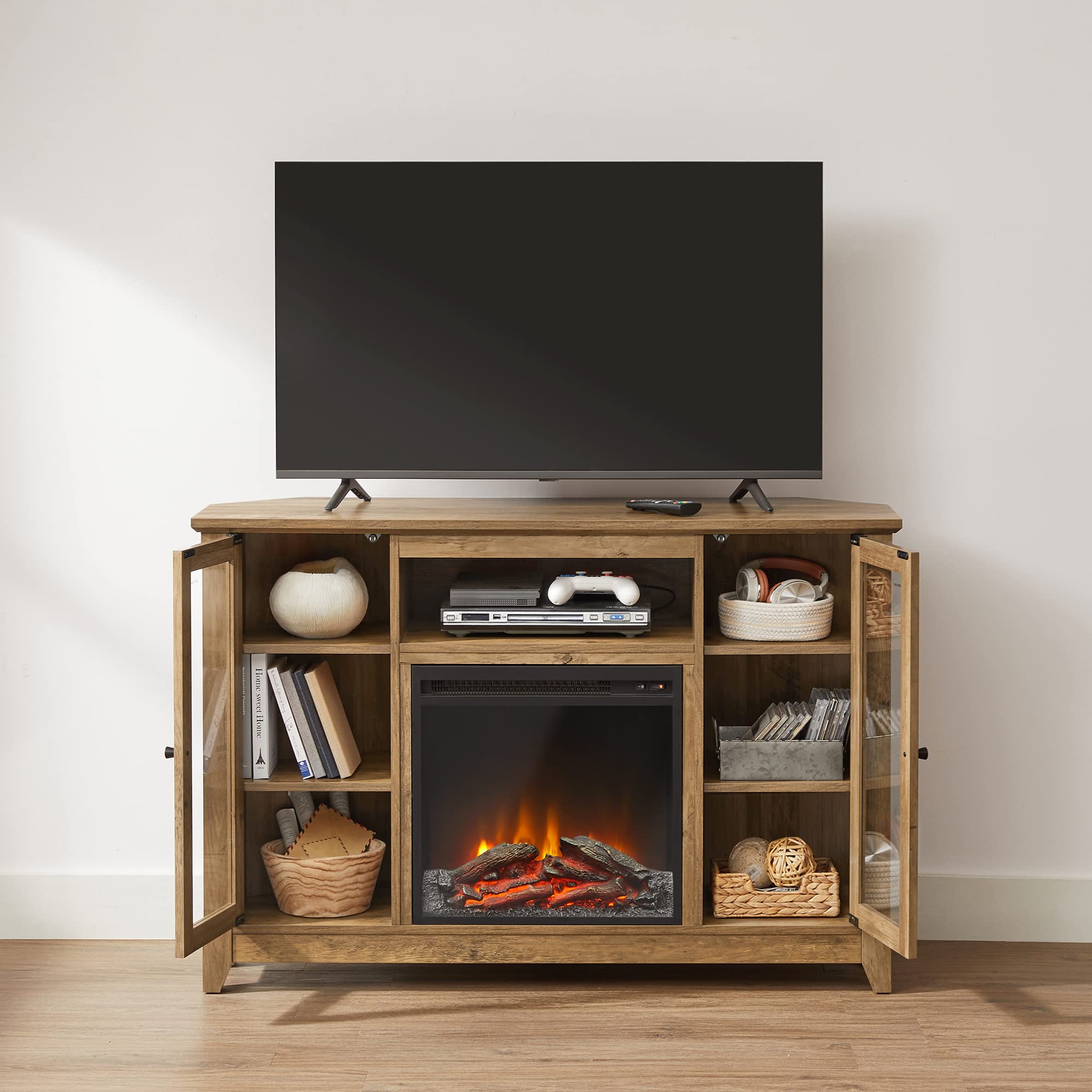 VASAGLE TV Stand with Fireplace, Corner TV Table for 55Inch TV, TV Console with Storage