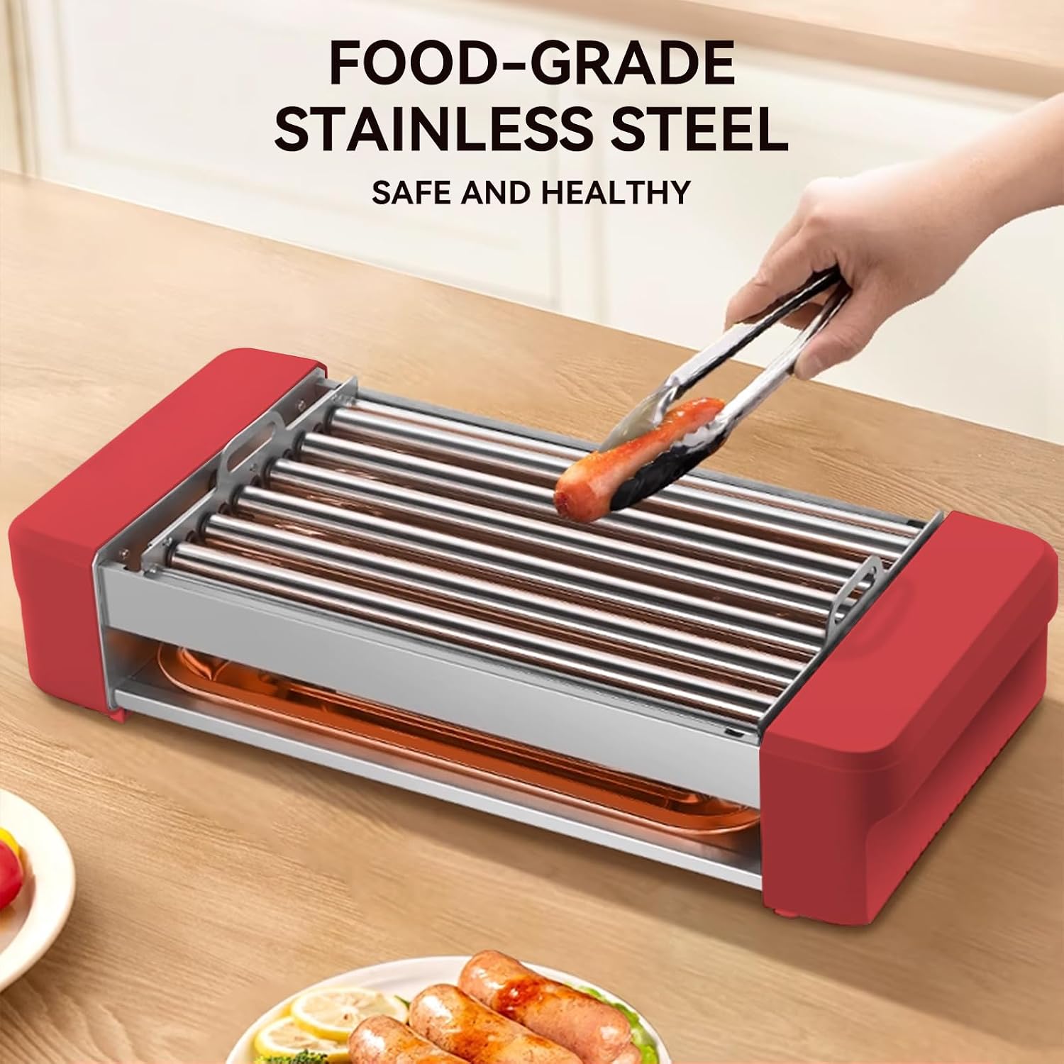 3-in-1 Electric Hot Dog Roller with 6 Rollers, Portable Indoor Grill & Nonstick Smokeless Griddle — Stainless Steel Sausage Cooker with Removable BBQ Plate for Home Kitchen & Family Parties (Red)