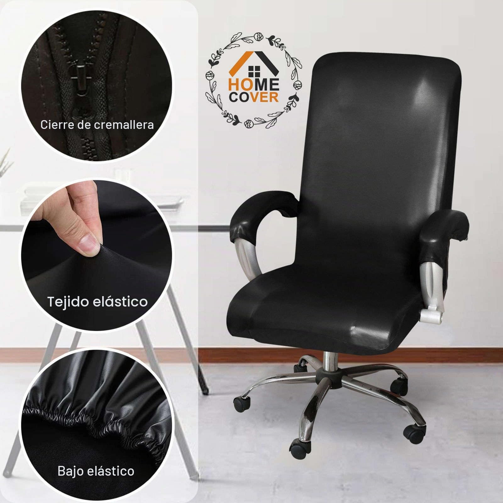 Elástica Funda para Silla De Oficina Impermeable, Universal De Piel Sintética Giratorio Cubiertas De La Silla De La Computadora con Fundas De Reposabrazos Extraíble-Negro-Large