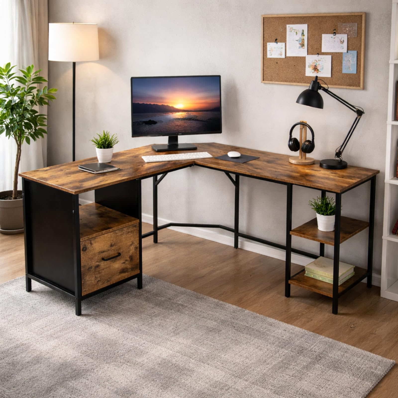 Eckschreibtisch 149 x 149 x 74,5 cm, Computertisch in L-Form, Schreibtisch mit Schublade und 2 Ablagen, MDF in rustikalem Braun, schwarzes Metallgestell, Loft-Stil