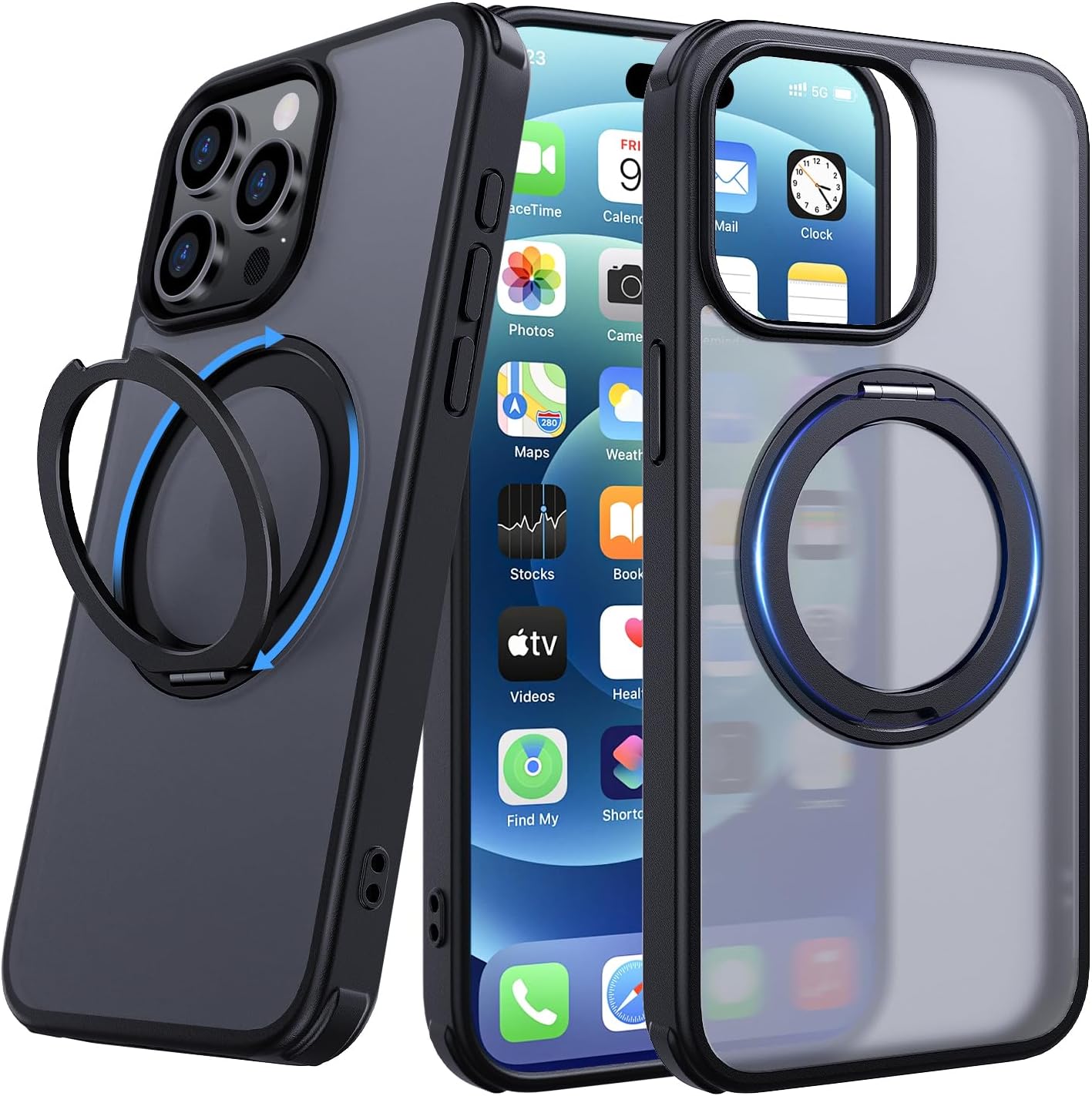 for iphone 15 pro max case (6.7'') with 360 magnetic stand [works with magsafe] anti-fingerprint,rugged shockproof matte translucent drop proof bumper phone case 15 pro max for women, men black for iphone 15 pro max ( 6.7inch)