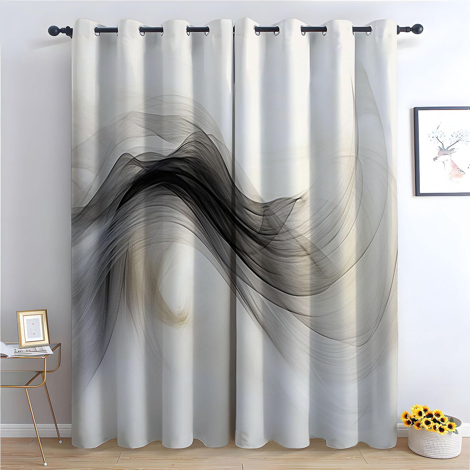 WQBQKKX Abstract Line Curtains Soft Ink Painting Thermal Insulated Blackout Curtains Botanical Print Pattern Window Drapes for Living Room-52 W x 108" L (Pack of 2)