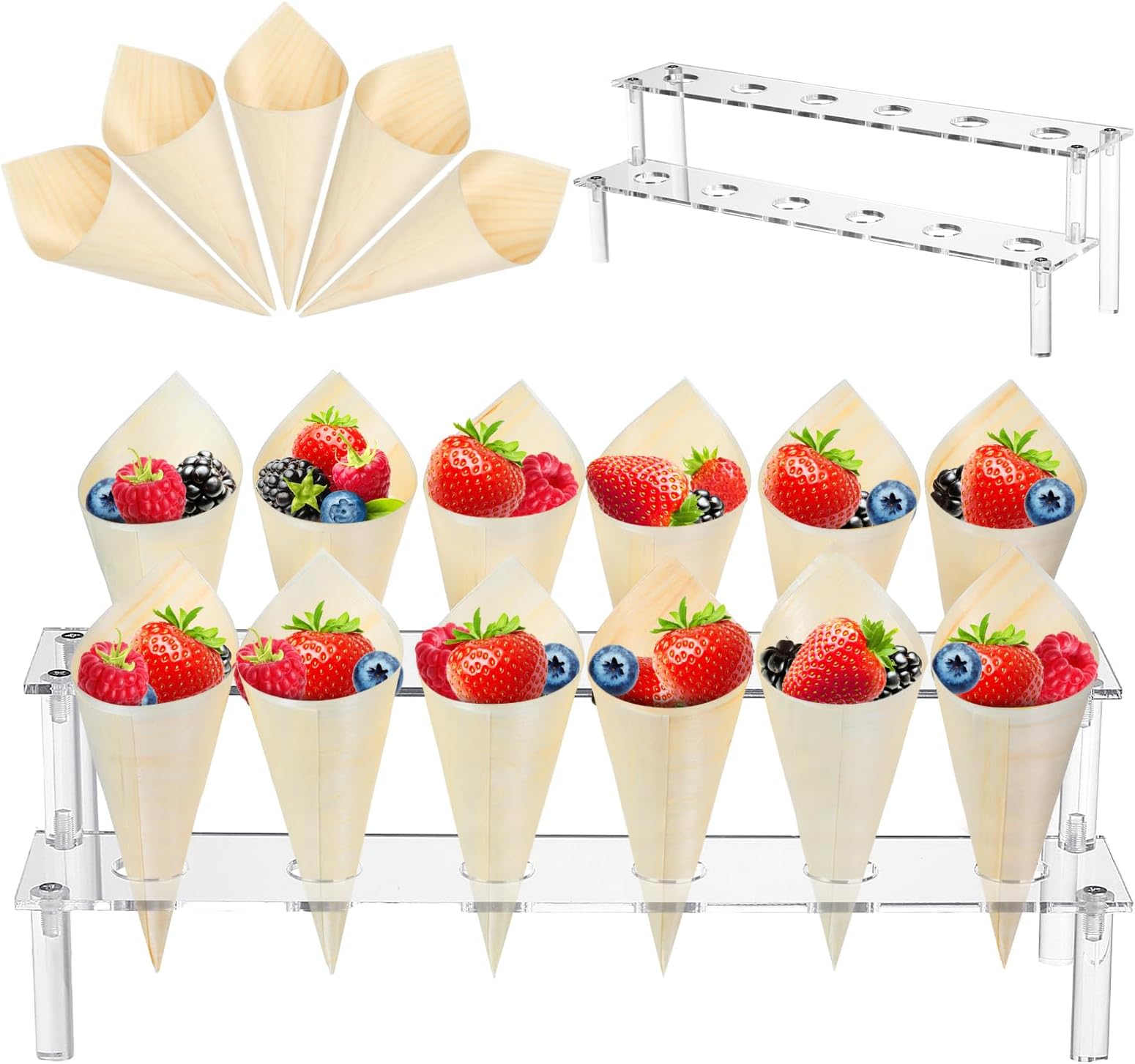 100 Pieces Disposable Wood Cones Vintage Wooden Food Cones with 12 Holes Food Cone Display Stand Cone Holder for Charcuterie, Restaurants, Ice Cream, Catered Events, Party or Buffets (Clear,Acrylic)