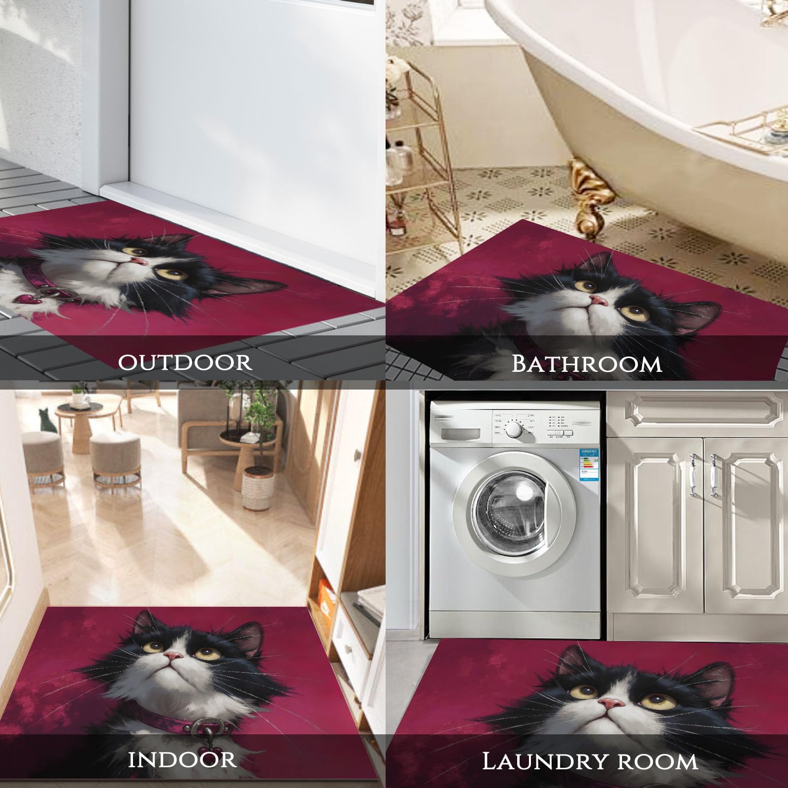 Felpudo de Entrada Gato Esmoquin, 80x120cm Alfombra para Puerta Estilo De Ilustración Realista, Antideslizante, Lavable Alfombrilla para Atrapar Suciedad para Pasillo, Cocina, Dormitorio, Magenta
