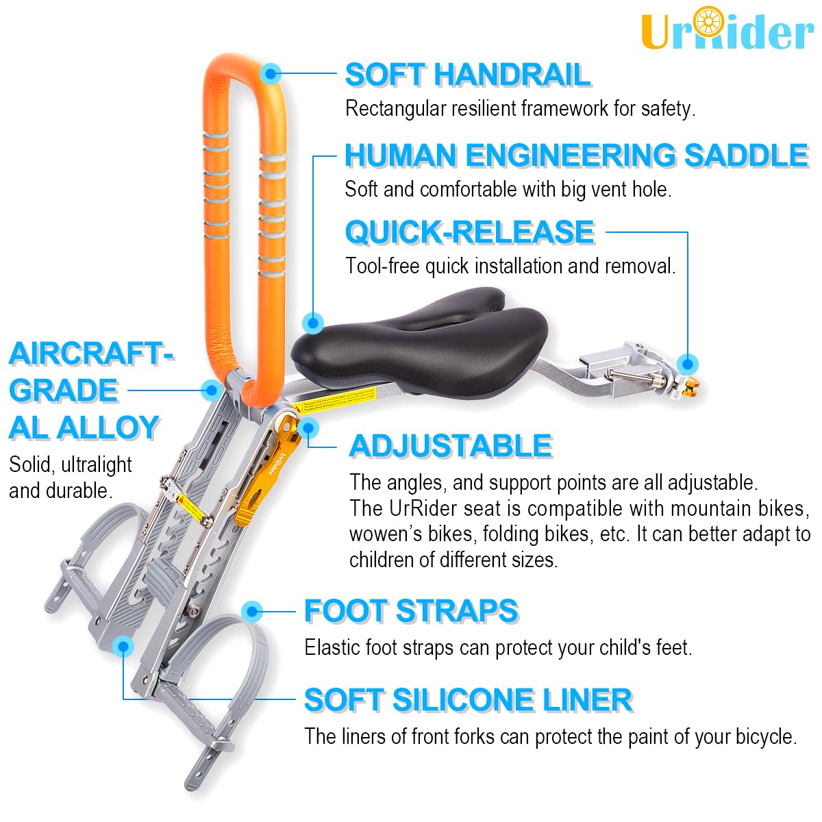UrRider New Upgrade Asiento de Bicicleta para niños. Se Adapta a Bicicletas de montaña, Bicicletas para Mujeres y Bicicletas Plegables/Montaje Frontal Plegable, portátil y de liberación rápida…