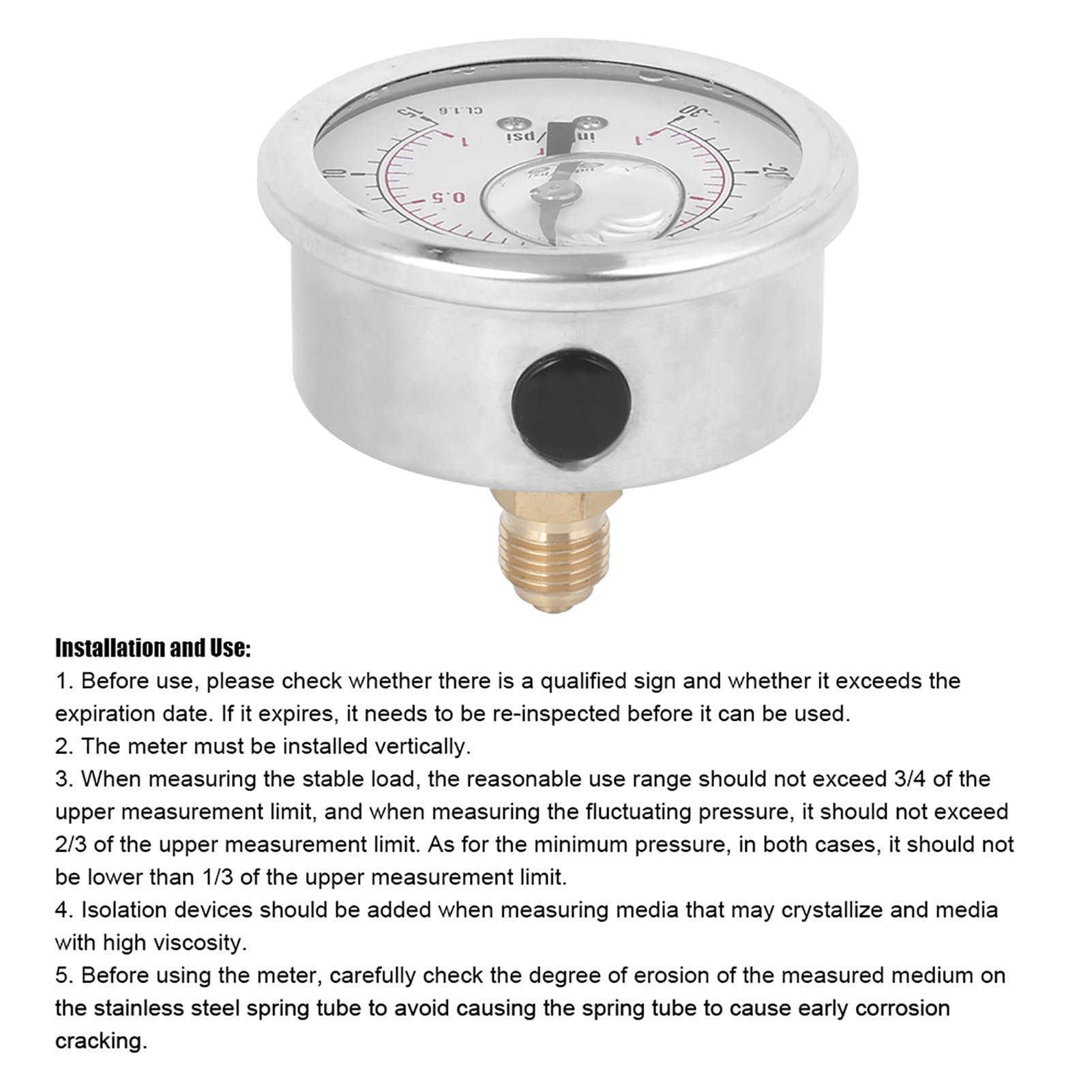 Manometer, 1 Bar Vakuum, Edelstahl mit Ölfüllung, genaue klare Messwerte, 1/4 BSP-Gewinde, für Industrie, Chemie, Bergbau
