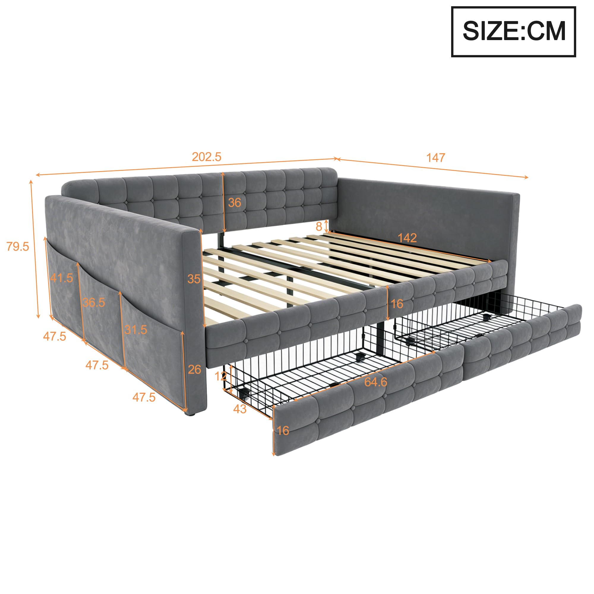 Łóżko tapicerowane, sofa z funkcją spania 140 x 190, klasyczny wzór w kratkę, schowki po bokach łóżka, dwie szuflady pod łóżkiem, dla gości lub jako pojedyncze łóżko, aksamitny materiał, szary