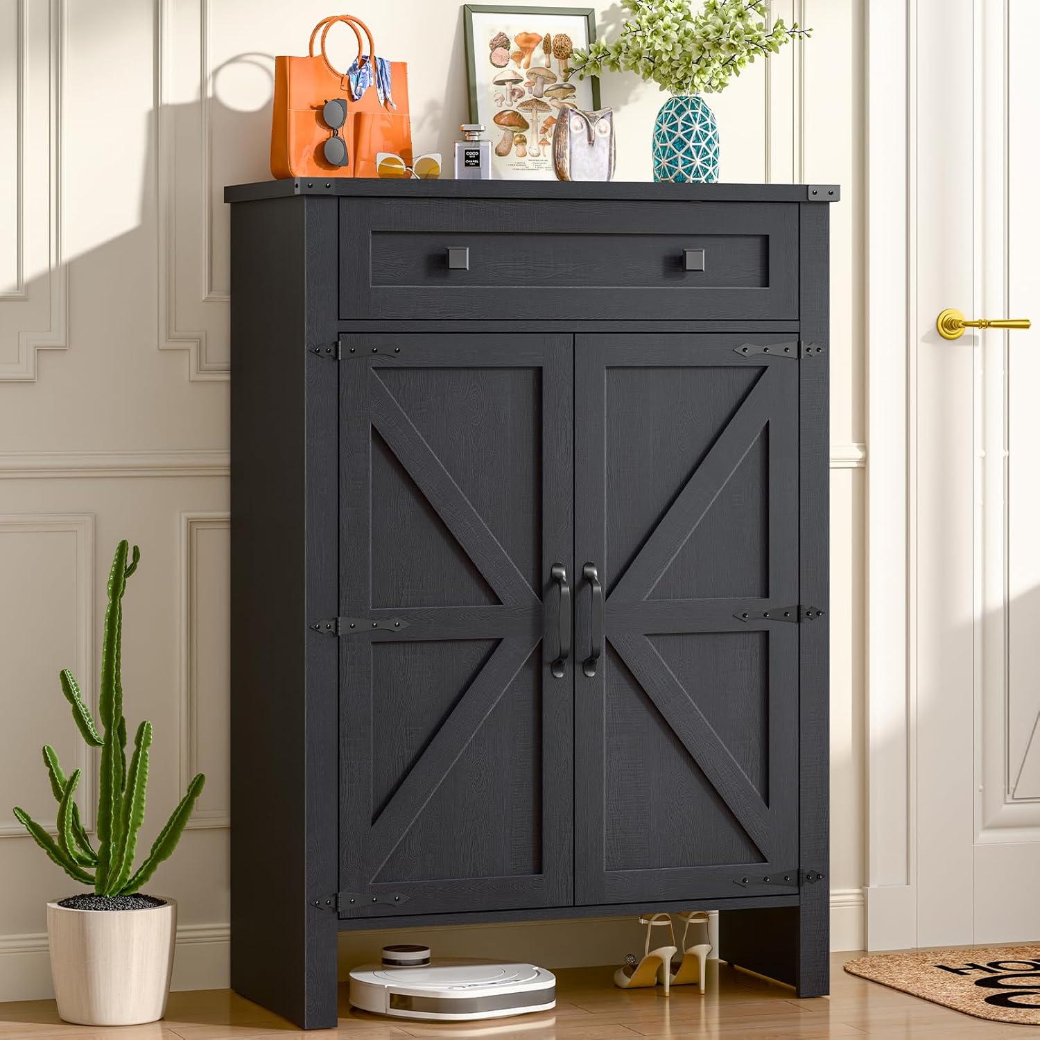 Vabches Shoe Storage Cabinet, 5-Tier Farmhouse Shoe Cabinet with Adjustable Shelves & Drawer, Wooden Shoes Rack Cabinets Storage Organizer with Doors for Entryway, Hallway, Closet, Living Room, Black
