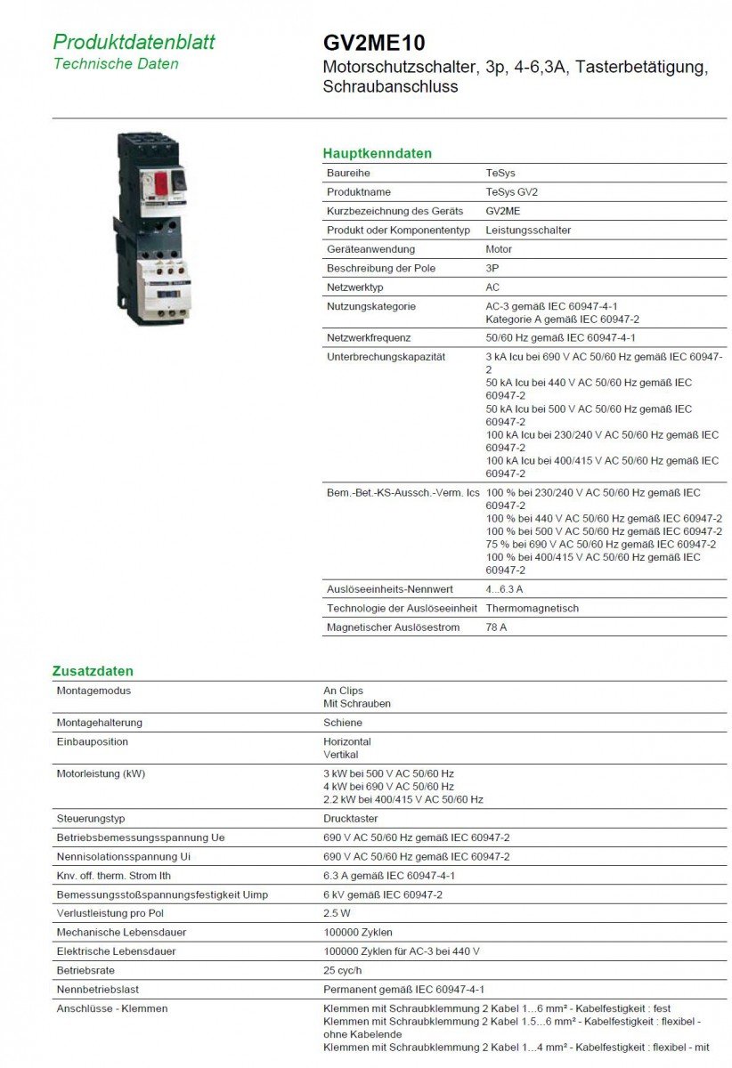 Schneider Electric - TeSys GV2ME - disj. moteur - 4..6,3A - 3P 3d - déclencheur magnéto-thermique - GV2ME10