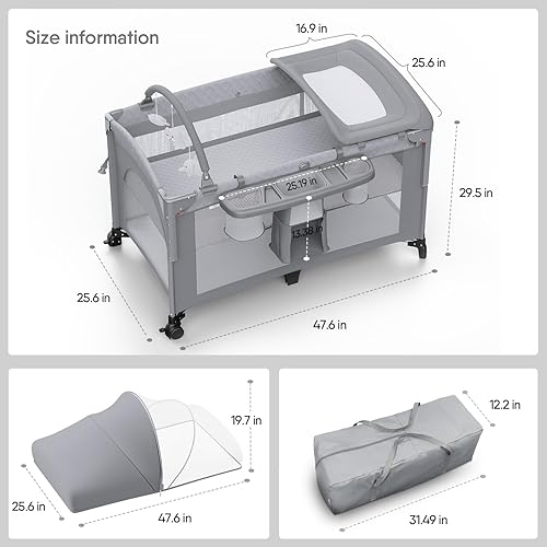 Miniatura 6 de Cuna 4 en 1, para empacar y jugar, para cuna de noche, cambiador de pañales, viene con colchón, mosquitera, almacenamiento inferior y barra de