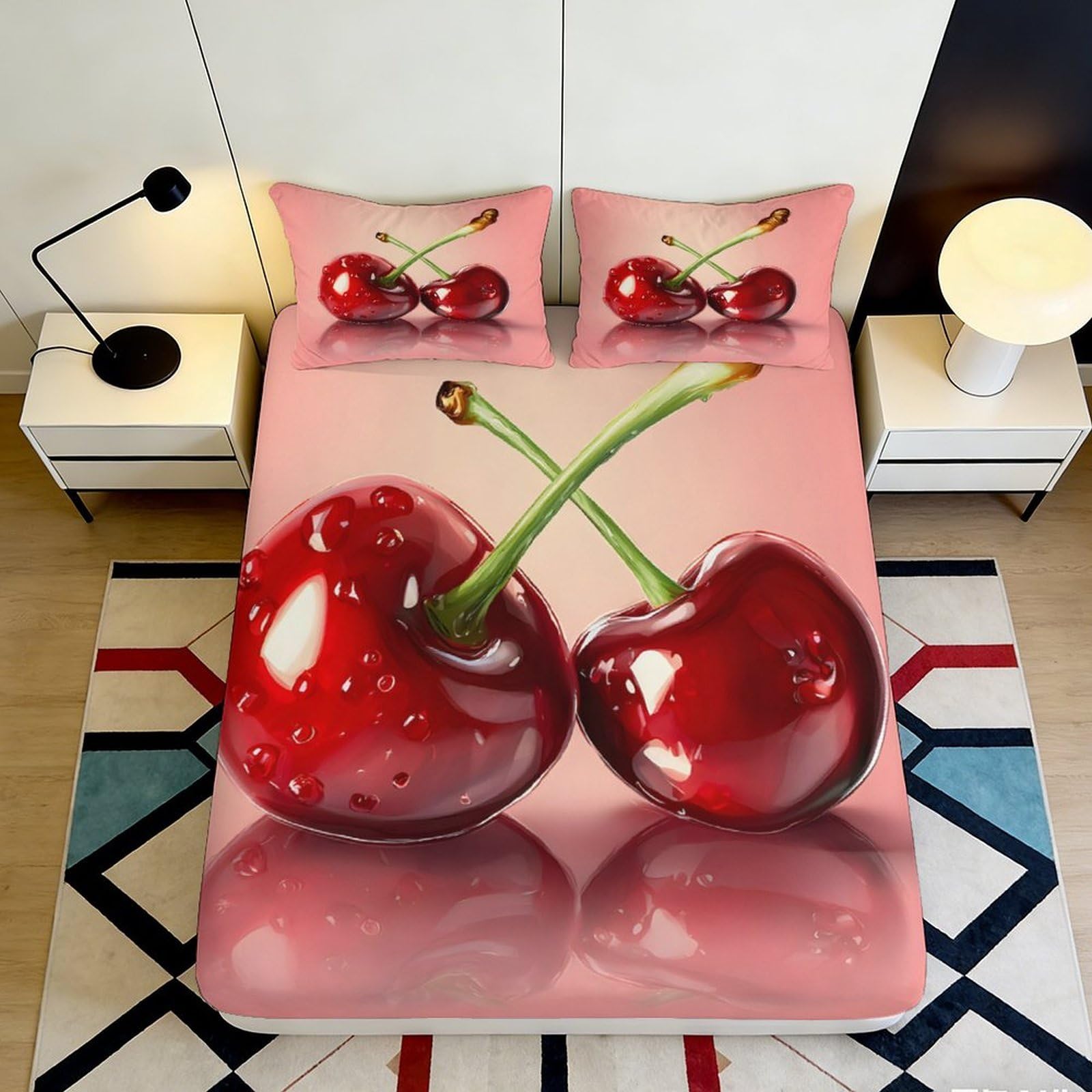 3D Printed Cherry Fitted Sheet Microfiber Soft Breathable Cherry Mattress Cover for Bedroom Dormitory Guest Room Mattress Protection Decor 200x200x25cm