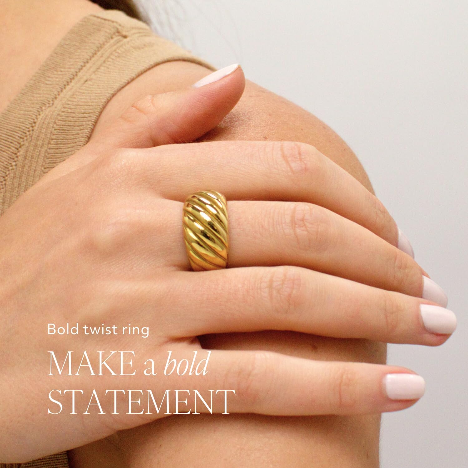Chunky Statement Rings for Women, Wide Signet Dome Croissant Twist Band Non-Tarnish 18k Gold Plated Stainless Steel Size 5-11 - Image 2