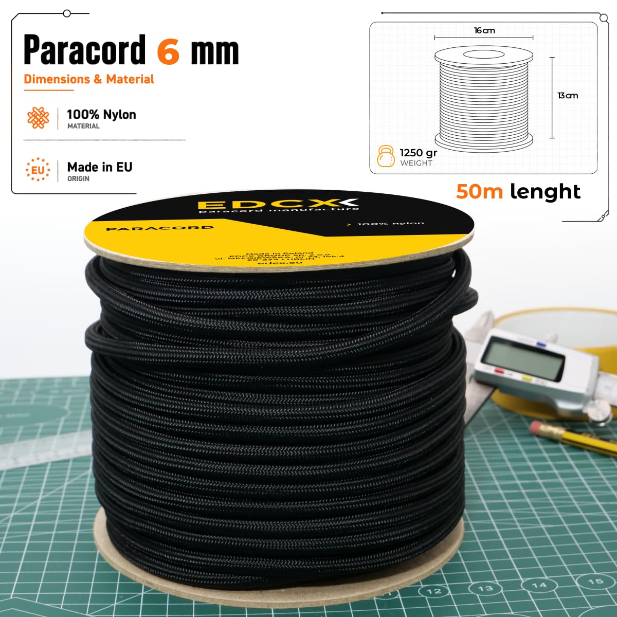 Paracorde 1,2 mm - 8 mm, Couleur Noire (10 m, 20 m, 30 m, 50 m, 100 m) | Idéale pour l'artisanat, Le bricolage, Le Camping | Corde 100% Nylon