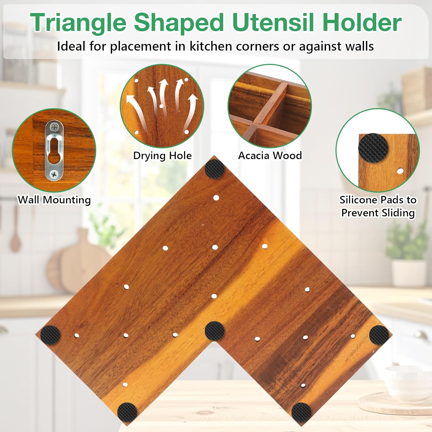 TREWAVE Wooden Corner Utensil Holder for Kitchen Countertop, Extra Large Kitchen Utensil Organizer with 3 Compartments, Farmhouse Cooking Utensils Caddy for Spatulas & Ladles