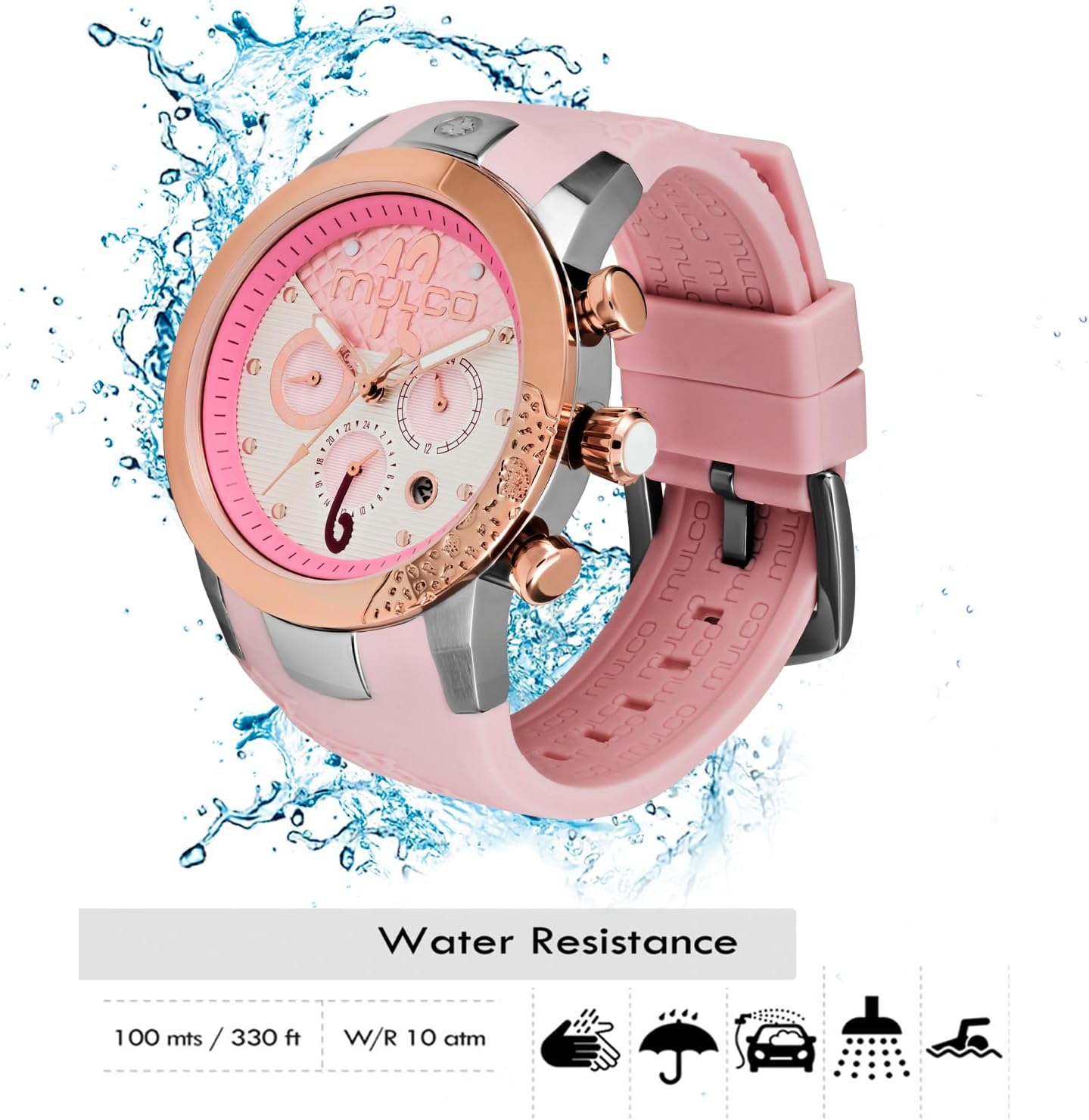 MULCO Watches for Women - Lady D - Silver Stainless Steel Case with Wrist Silicone Band, Large Face with Mother of Pearl and Rose Gold, Quartz Analog Movement, Waterproof - Inspired by Magic