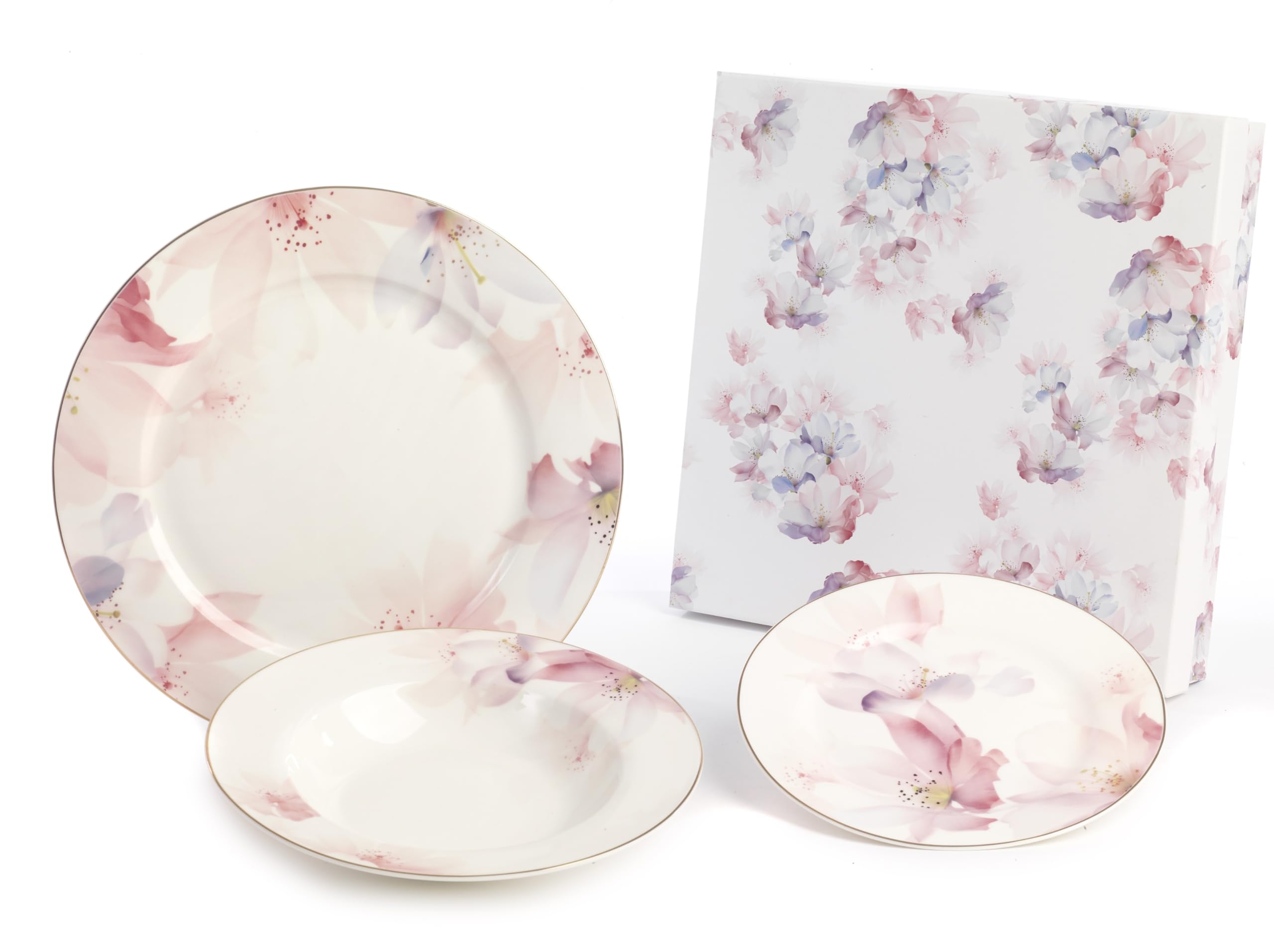 Set 18 Piatti Tema Fiori Pastello in Porcellana d'autore Nàvel 6 Fondi Ø 21,5 cm, 6 Piani Ø 19,5 cm e 6 Piani Ø 26,5 cm con Elegante Scatola Litografata