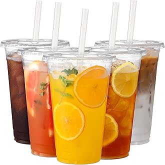 AOZITA [100 Sets] 20 oz Clear Plastic Cups With Lids and Straws, Disposable Cups With Lids for Iced Coffee, Smoothie, Milkshake and Cold Drinks