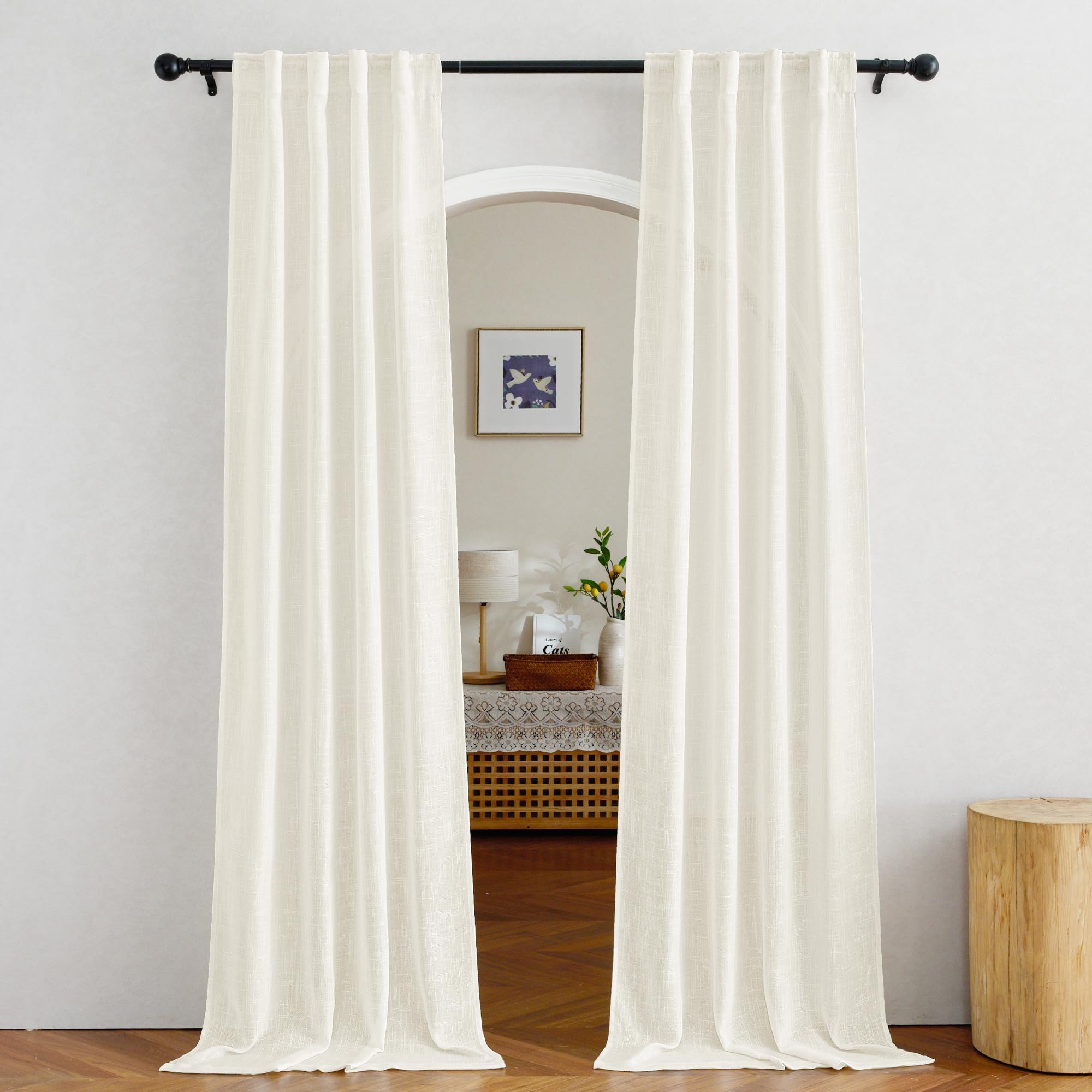 NICETOWN Faux Linen Sheer Curtains 80 inch Length for Doorway, Rod Pocket & Back Tab Semi Sheer with Light Through Window Treatments for Farmhouse/