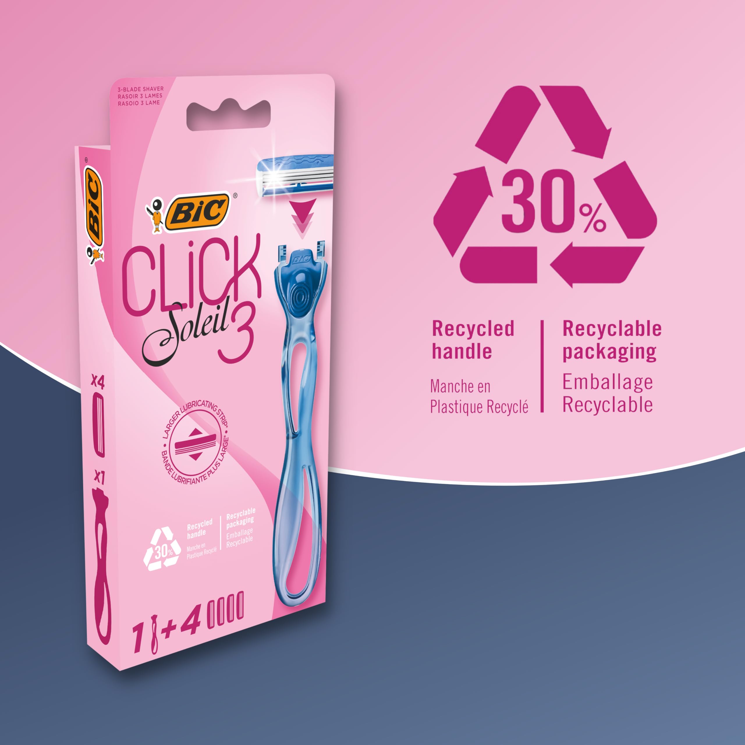 BIC Soleil Click 3 Women's Razor with 4 Refill Cartridges Triple-Blade Shaver with Lubricating Strip & Pivoting Head for Smooth, Close Leg & Body Shaving Handle + Refills