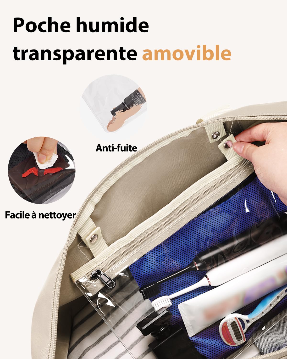ECOHUB Bagage Cabine Pliable 30L, 45x36x20 Easyjet, à Main avec Poche Humide Amovible, Sac de Voyage Weekend pour Femmes Hommes, d'Hôpital, Brevet en Cours (Beige)
