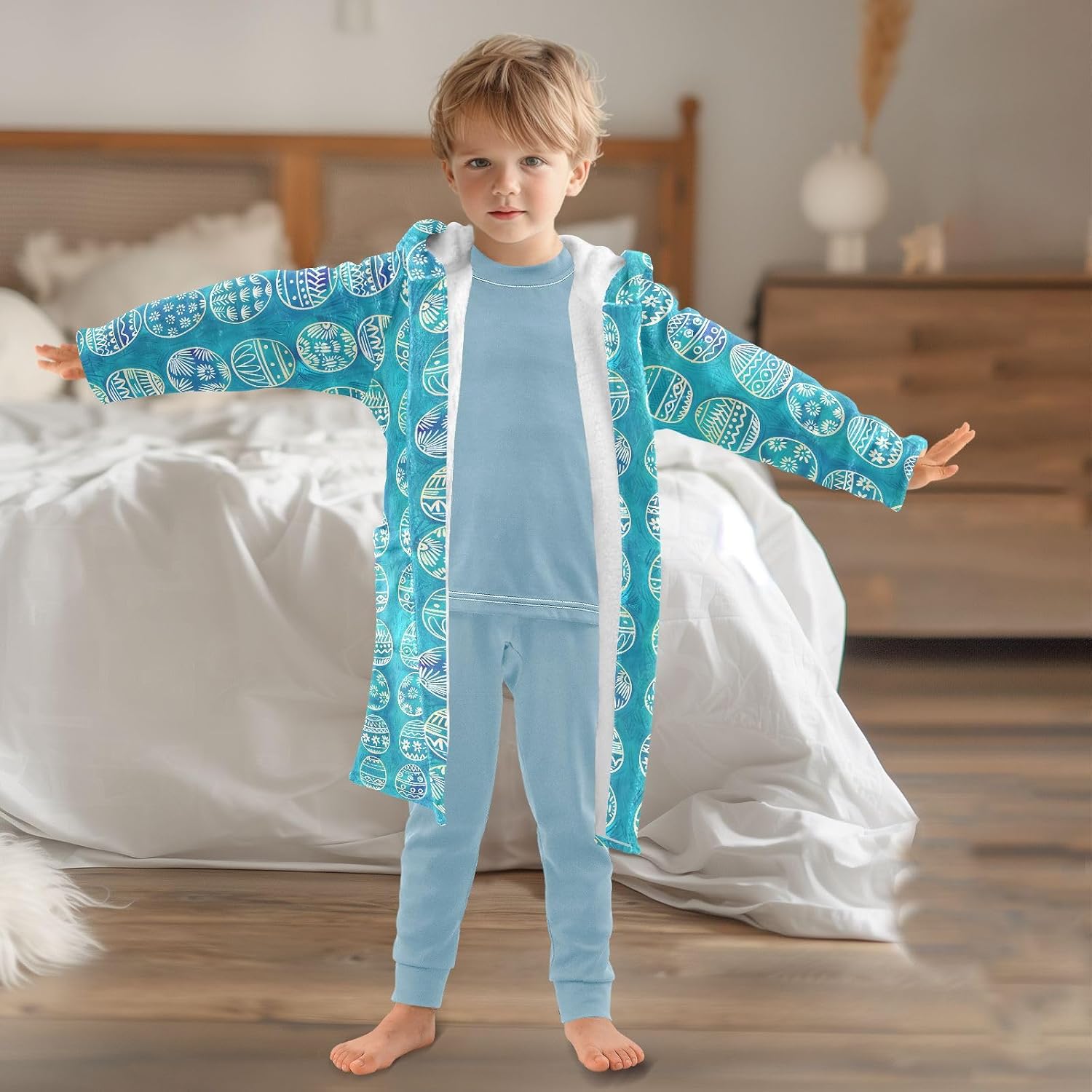 senya Mandala Blue Egg Toddler Hooded Bathrobe Kids Soft Plush Bath Towel Robes for Boys Girls 2-12 Years