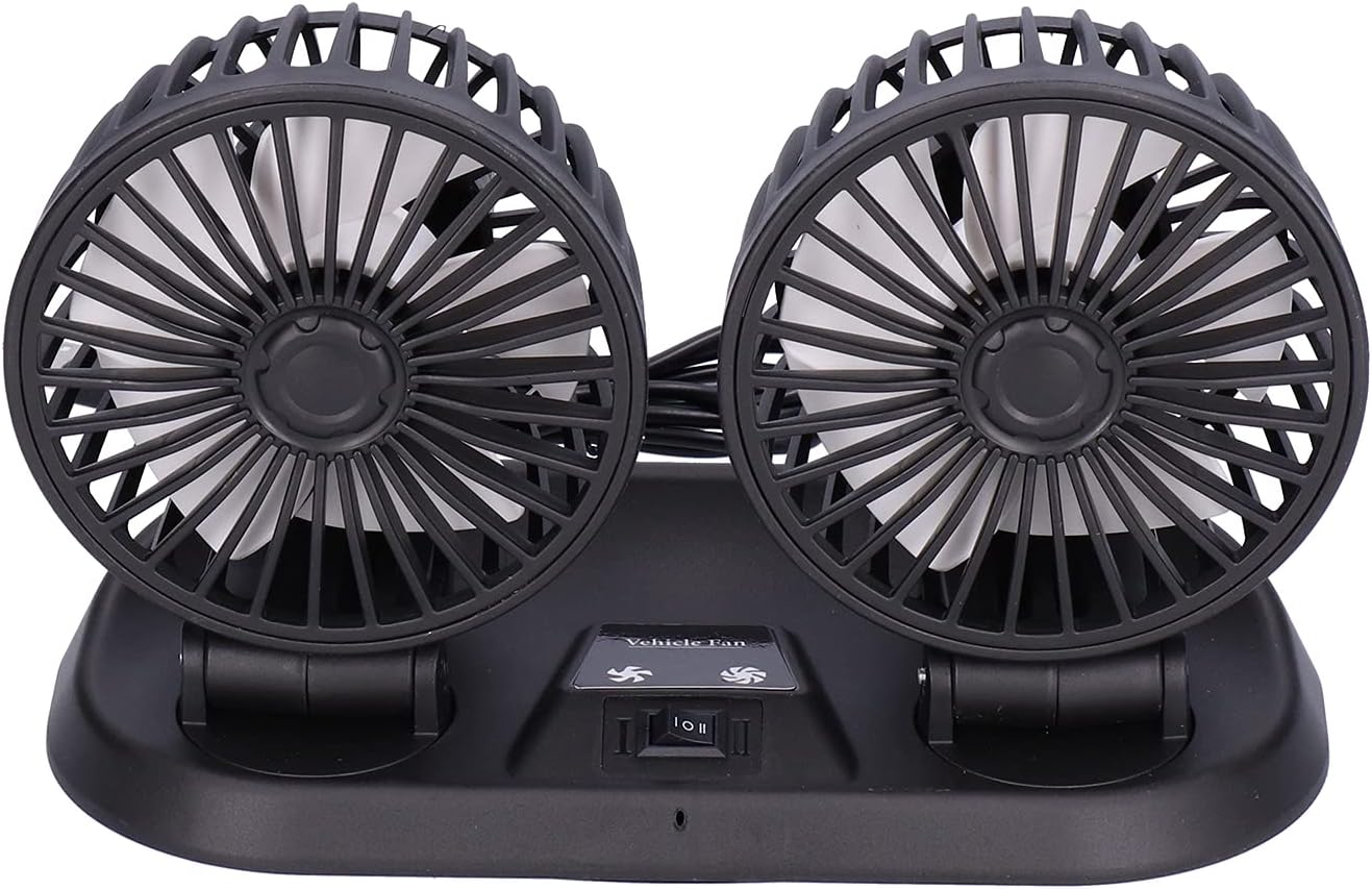 360 Degree Rotatable Car Fan, 5V DC Electric 2 Speed Dual Head Fans, Quiet Strong Dashboard Cooling Air Circulator Fan for Sedan SUV RV Boat Auto Vehicles Golf or Home