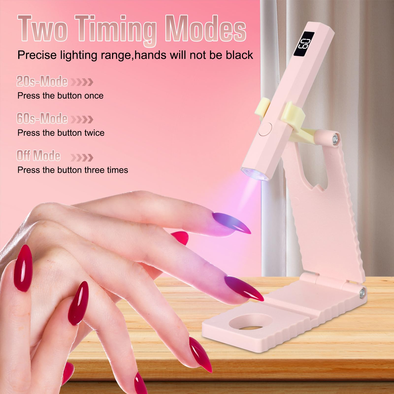 Mini lampada UV per unghie in gel, lampada UV per unghie con supporto, ricaricabile, piccola lampada UV per unghie, portatile, 2 modalità timer per smalto gel (rosa)
