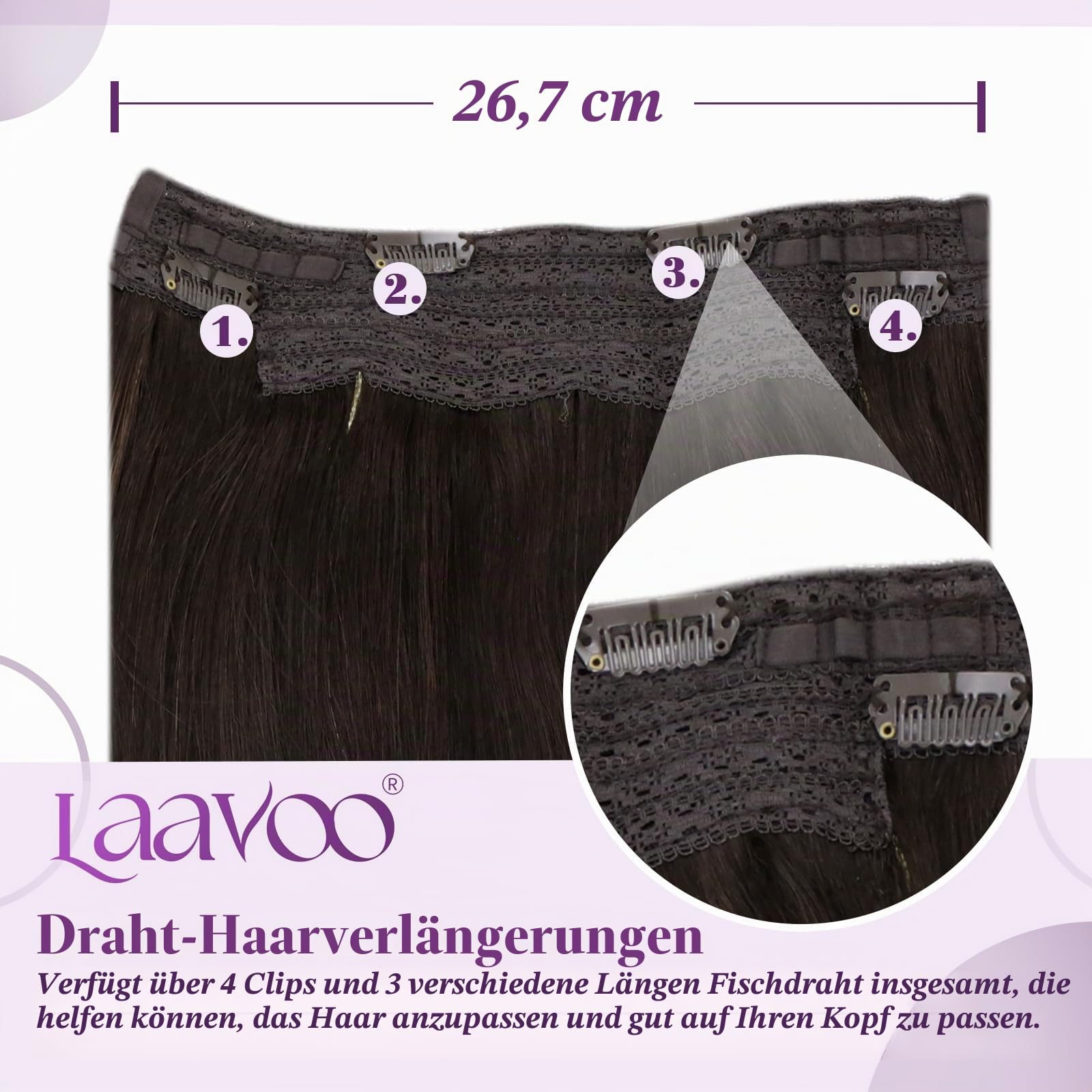 LaaVoo Wire Hair Extensions Echthaar Dunkelbraun Extensions Echthaar mit Unsichtbarem Draht Braun Flip in Echthaar Extensions Remy Menschliches Haar Dunkelstes Braun 50 cm #2 100g