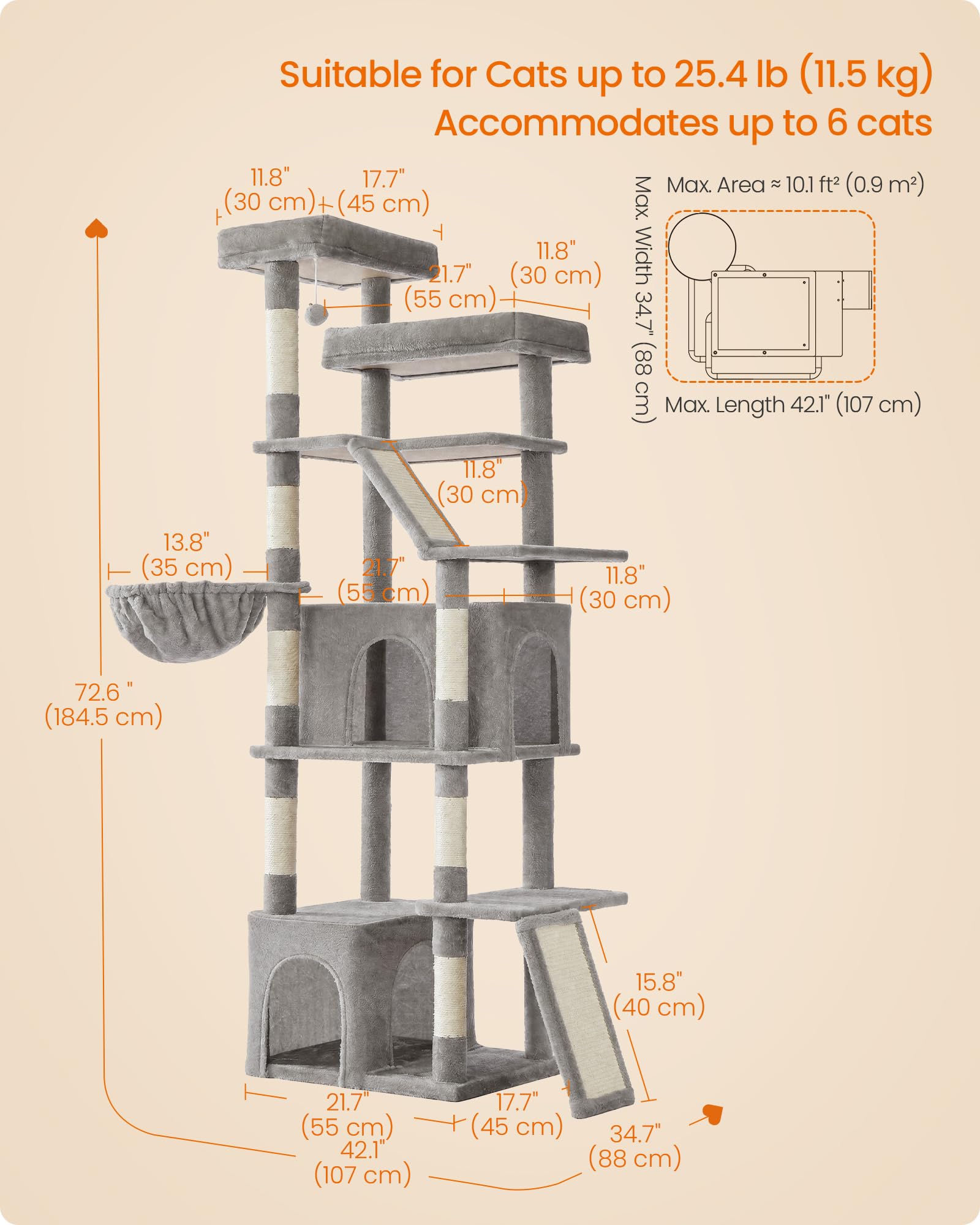 Feandrea Kratzbaum, Turm für extra große Katzen, Kratzbäume, Kratzbretter, mehrstufiges Design, Taubengrau UPCT014G101S