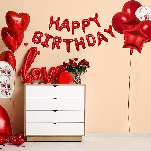 Miniatura 7 de WEIKA 27 piezas de decoraciones de cumpleaños rojas, pancarta de feliz cumpleaños 3D de 18 pulgadas, globos de papel de aluminio de corazón de