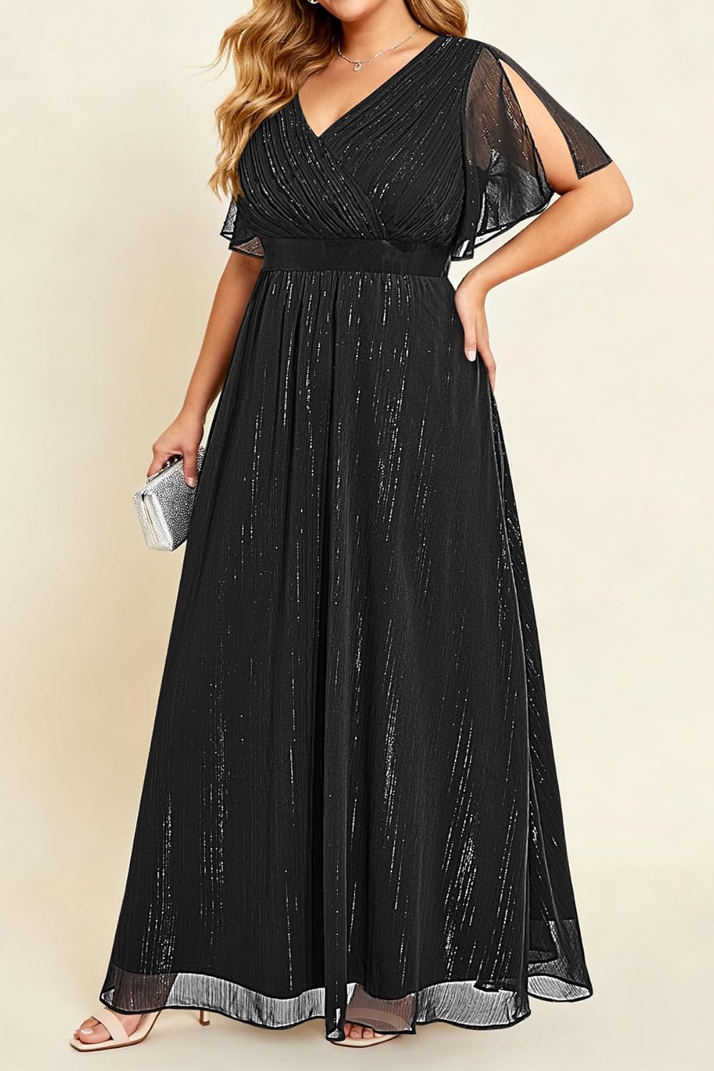 Plus Size Formal Dress - Chiffon V Neck Bridesmaid Wedding Guest Party Short Sleeve A-Line Floor Length Dresses - Image 5
