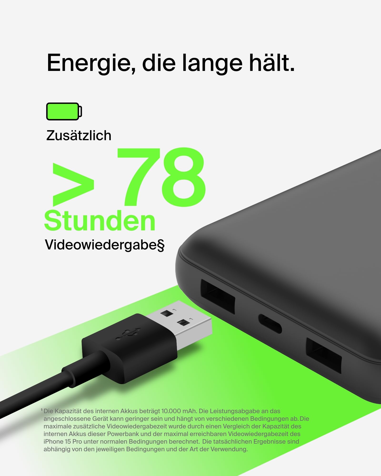 Belkin tragbares -Ladegerät, 20.000mAh, 20K Powerbank mit -Ein-/Ausgang und 2 USB-A-Anschlüssen mit USB-C/USB-A-Kabel für iPhone, Galaxy, Pixel, iPad, AirPods und andere Geräte – Schwarz