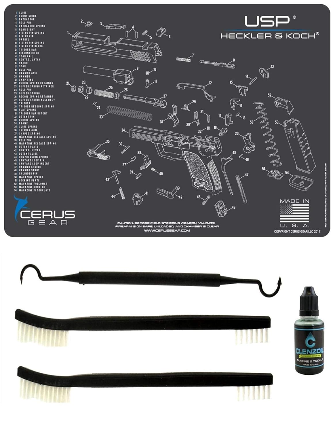 EDOG USA Compatible for Heckler & Koch USP - 5 PC Cerus Gear Schematic (Exploded View) Pistol Cleaning Gun-Work Surface Protector Mat Solvent & Oil Resistant & 3 PC Cleaning Essentials & Clenzoil
