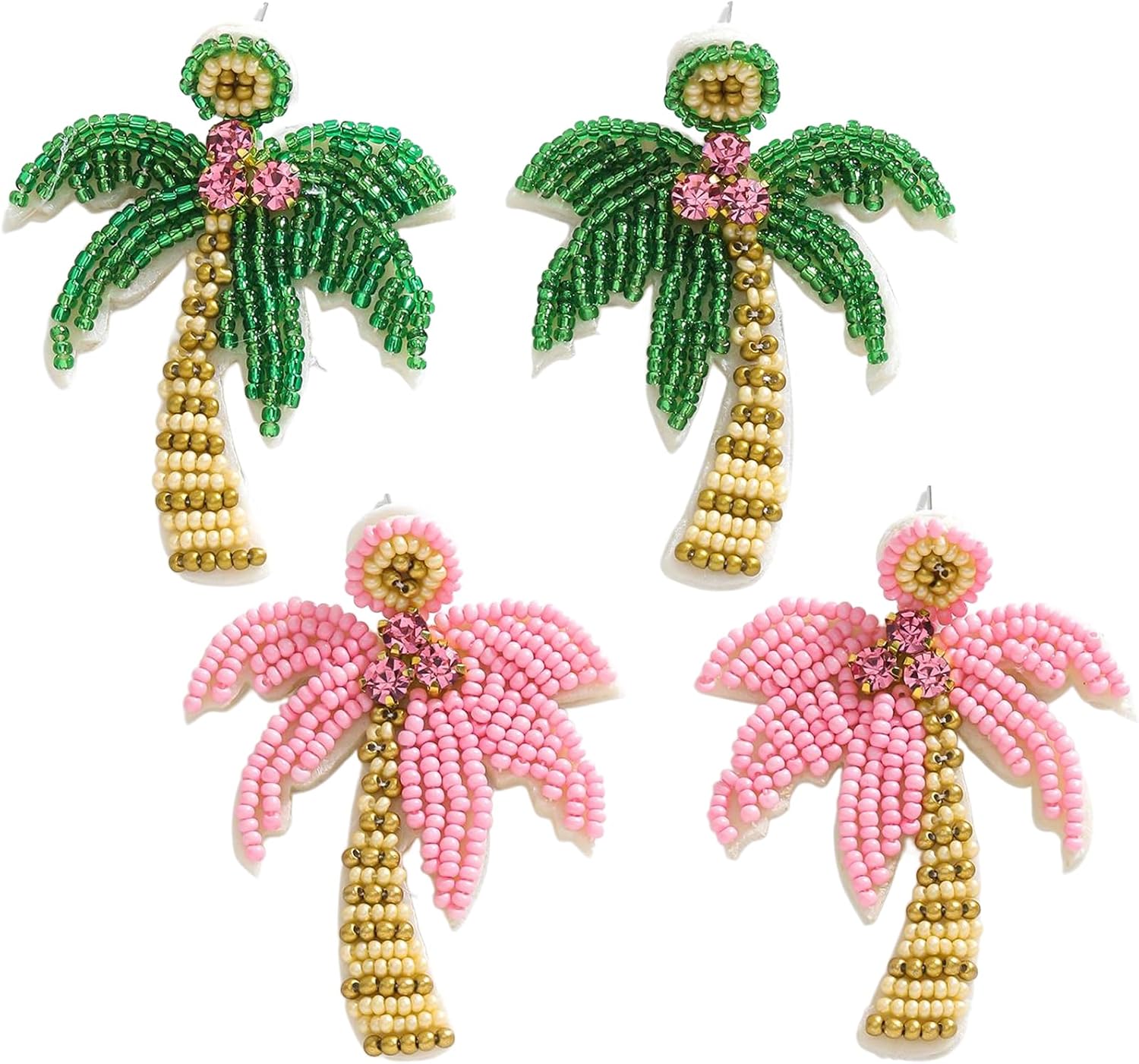 2 Pairs Beaded Palm Tree Earrings Set for Women, Handmade Beads Luau Green Pink Coconut Tree Dangle Earrings for Beach Summer Hawaii Holiday Jewelry Gift