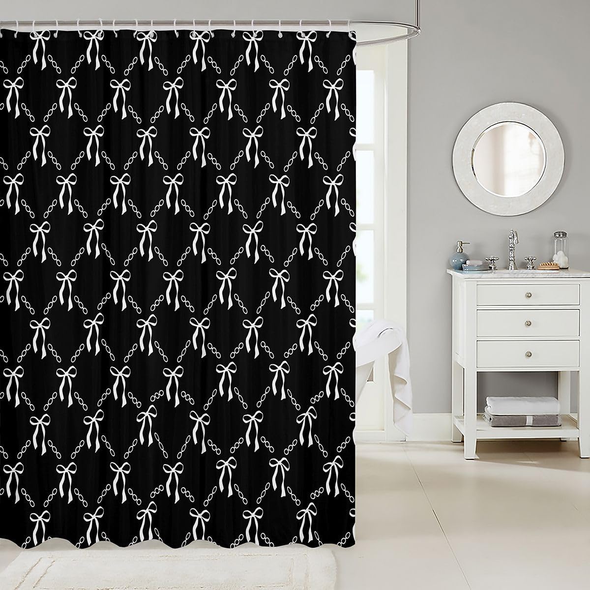 Erosebridal White Bowknot Bathroom Curtain Elegant Geometric Grid Plaid for Bedroom Decor Shower Curtain 72" Wx78 L Girly Coquette Bow Bathroom Accessories,Fashion Modern Aesthetic Shower Decor image 2