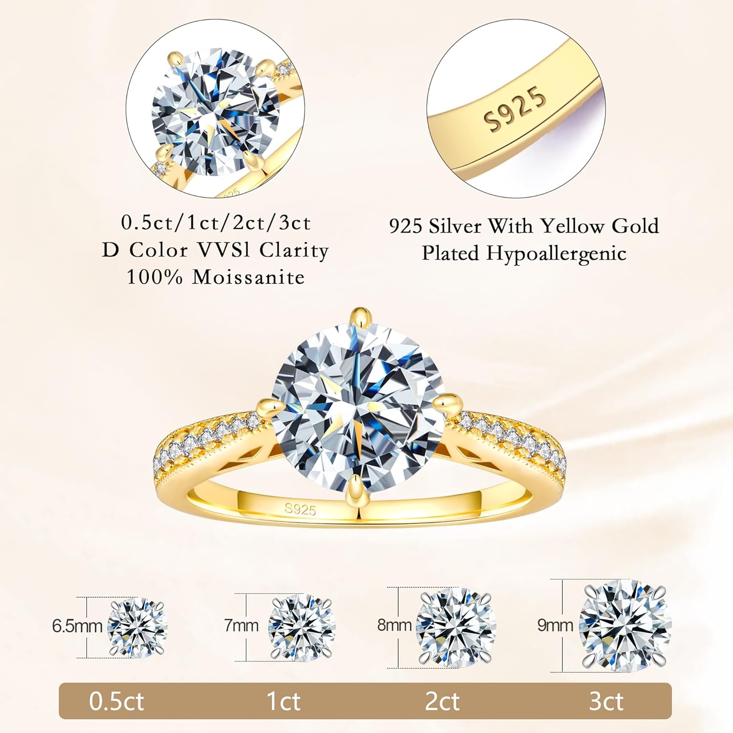 0.5/1/1.5/2/3CT Round/Flower/Round & marquise Cut Moissanite Engagement Rings for Women, D Color VVS1 Moissanite Promise Ring 18K Yellow/White Gold Plated S925 Sterling Silver - Image 2