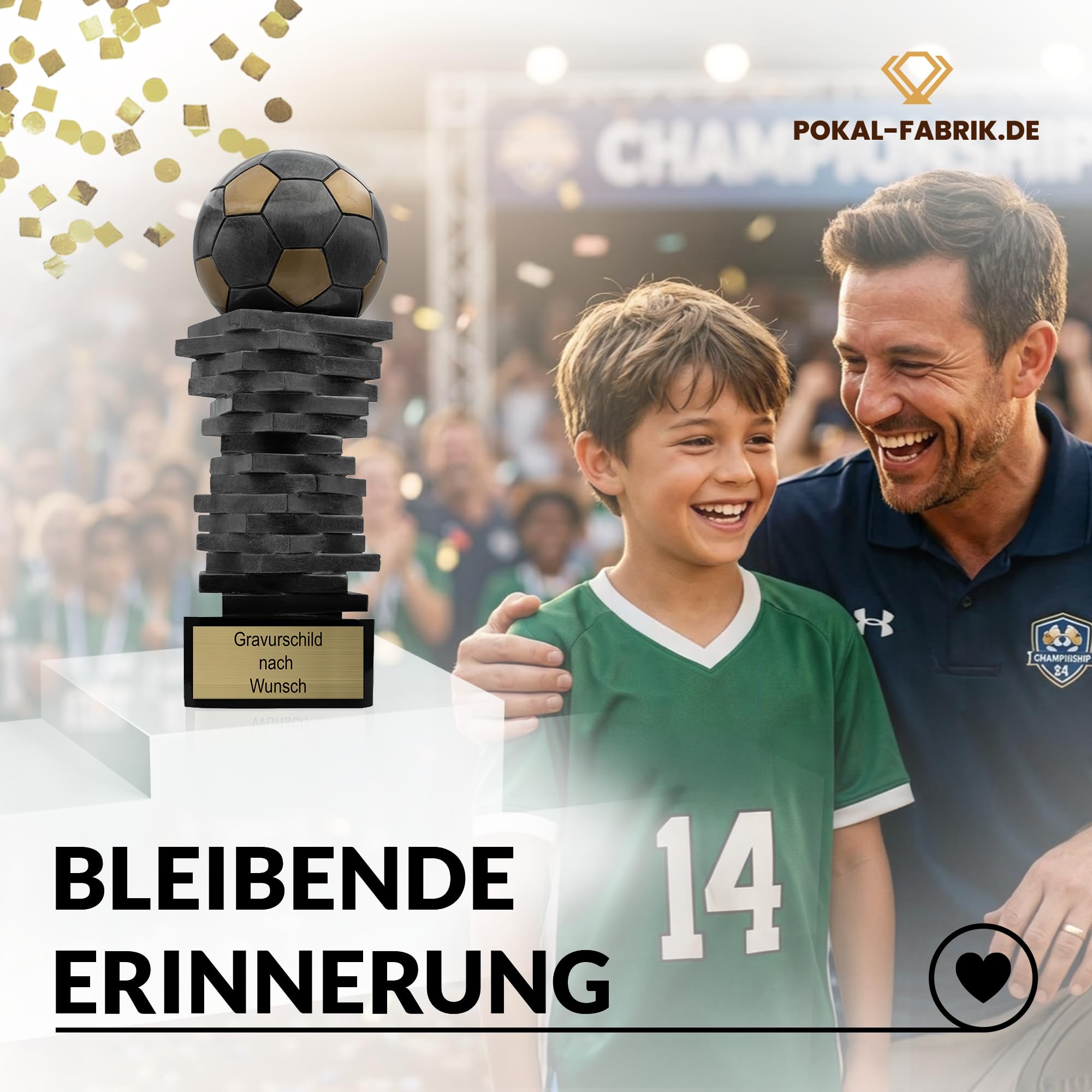 Pokal mit Gravur Wunschtext, Sportfigur, 30 cm | Personalisierte Auszeichnung für Fußball WM & Sport Events, inkl. Marmorsockel, Geschenk-Trophäe für Kinder